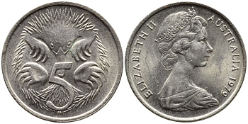 АВСТРАЛИЯ 5 ЦЕНТОВ 1979 ЕЛИЗАВЕТА II, МОЛОДОЙ ПОРТРЕТ, ЕХИДНА KM 64 медно-никель 4392-132