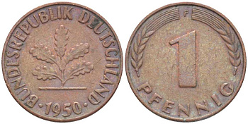 ФРГ 1 ПФЕННИГ 1950 F KM 105, J. 380 сталь плакированная медью 116-348