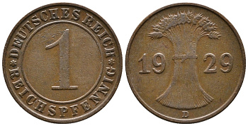 ГЕРМАНИЯ 1 РЕЙХСПФЕННИГ 1929 D KM 37, J. 313 бронза 39-1025