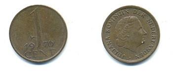 НИДЕРЛАНДЫ 1 ЦЕНТ 1970 ЮЛИАНА KM 180 бронза 80-964