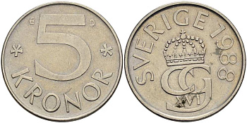 Швеция 5 крон 1988 D, Карл XVI Густав (1973- ) KM 853 медно-никель 4517-525