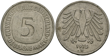 ФРГ 5 марок 1975 D, монетный двор Мюнхен КМ 140.1, J. 415 медно-никель плакированный никелем 4120-911