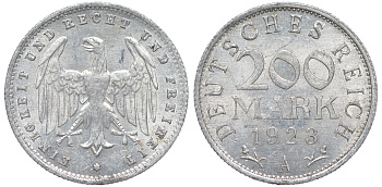 Германия 200 марок 1923 A KM 35, J. 304, Weege 22 алюминий 4604-554