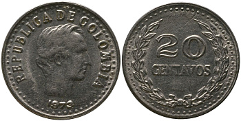 Колумбия 20 сентаво 1973 KM 246.1 сталь плакированная никелем 4529-757