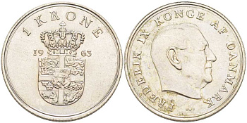 ДАНИЯ 1 КРОНА 1963 C;S, ФРЕДЕРИК IX (1947-1972) KM 851.1 медно-никель 202-811