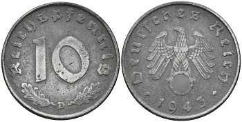 Германия 10 рейхспфеннигов 1943 D KM 101, J.371 цинк 4151-251