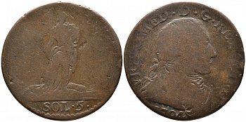 ФРАНЦИЯ, САРДИНИЯ 5 СОЛЬДИ 1794 ВИТОР АМЕДЕО III (1773-1796) KM 51 медь 28-933