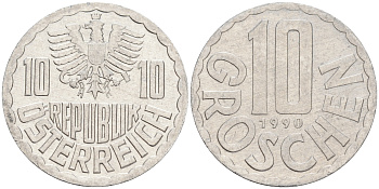 АВСТРИЯ 10 ГРОШЕЙ 1990 KM 2878 алюминий 192-211