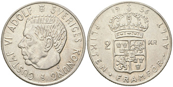 Швеция 2 кроны 1956 TS, Густав VI Адольф (1950-1973) KM 827 серебро aUNC 38-831