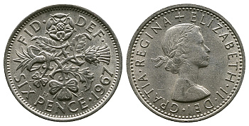 Великобритания 6 пенсов 1967 Елизавета II (1952-2022) KM 903, Spink 4149 медно-никель 4381-866