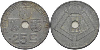 БЕЛЬГИЯ 25 САНТИМОВ 1946 BELGIE-BELGIQUE, ГЕРМАНСКАЯ ОККУПАЦИЯ, ВТОРАЯ МИРОВАЯ ВОЙНА, ЛЕОПОЛЬД III (1934-1950) KM 132 цинк 119-353