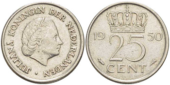 НИДЕРЛАНДЫ 25 ЦЕНТОВ 1950 ЮЛИАНА (1948-1980) KM 183 никель 214-869