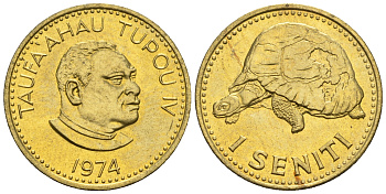 Тонга 1 сенити 1974 король Тауфа’ахау Тупоу IV (1967-2006), черепаха KM 27 a латунь  UNC  220-1054