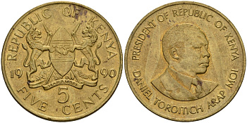 Кения 5 центов 1990 KM 17 никель латунь aUNC 4118-623