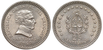 Уругвай 25 сентесимо 1960 KM 40 медно-никель 4576-835