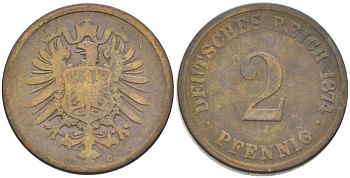 ГЕРМАНИЯ 2 ПФЕННИГА 1874 G, СТАРОГЕРБОВКА KM 2, J. 2, Weege 3 медь 212-434