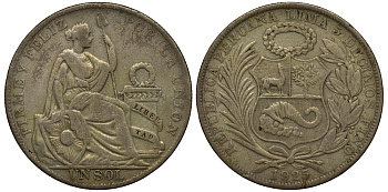 Перу 1 соль 1925 KM 218.2 серебро 272-843