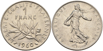 Франция 1 франк 1960 сеятель KM 925.1, Le Franc 226.4 никель 4142-1013