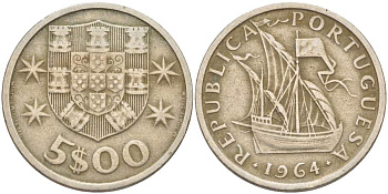 ПОРТУГАЛИЯ 5 ЭСКУДО 1964 ПАРУСНИК KM 591 медно-никель 4523-541