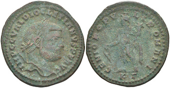 Римская Империя нуммий 297 - 299 Диоклетиан, бюст императора, IMP C C VAL DIOCLETIANVS P F AVG / Гений Римского народа, GENIO POPVLI ROMANI KГ, Кизик RIC 10а биллон 1073-23-15