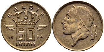 БЕЛЬГИЯ 50 САНТИМОВ 1964 BELGIE KM 149.1 бронза 4392-834