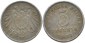 ГЕРМАНИЯ 5 ПФЕННИГОВ 1921 E KM 19, J. 297, Weege 5 железо 206-741