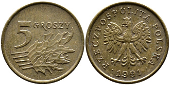 ПОЛЬША 5 ГРОШЕЙ 1991 MW KM 278 латунь 4387-645