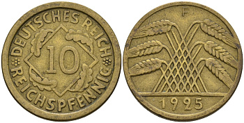 Германия 10 рейхспфеннигов 1925 F KM 40, J. 317 алюминиевая бронза 4605-752