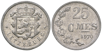 Люксембург 25 сантимов 1970 Герцог Жан (1964-1999) L 300, Weiller 290, KM 45a.1, Schoen 30a алюминий    4528-934
