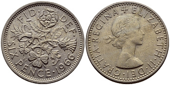 Великобритания 6 пенсов 1966 Елизавета II (1952-2022) KM 903, Spink 4149 медно-никель 75-543