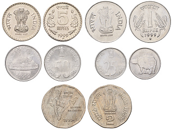 Индия набор из 5 монет (25 и 50 пайс; 1, 2 и 5 рупий) 1999 KM 54, 69, 92.2, 121.3 и 154.2 BU 4652-1042-1046