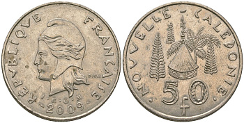 Французская Новая Каледония 50 франков 2009 хижина среди сосен и пальм, (IEOM) KM 13a, Schoen 15a, Lec 128i медно-никель 115-846