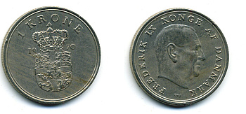 ДАНИЯ 1 КРОНА 1970 C; S, ФРЕДЕРИК IX (1947-1972) KM 851.1 медно-никель 56-541