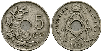 Бельгия 5 сантимов 1922 Belgie KM 67 медно-никель 4173-245