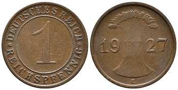 ГЕРМАНИЯ 1 РЕЙХСПФЕННИГ 1927 E KM 37, J. 313 бронза 39-952