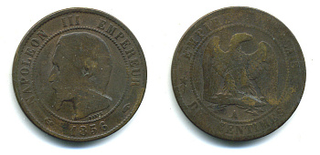 ФРАНЦИЯ 10 САНТИМОВ 1856 А, НАПОЛЕОН III (1852-1870) KM 771.1, LA FRANC 133.32 бронза 89-1654