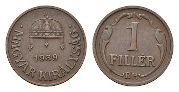 Венгрия 1 филлер 1939 KM 505 бронза 44-1236