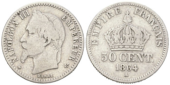Франция 50 сантимов 1864 A, Наполеон III (1852-1870) KM 814.1 серебро 4617-745