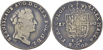 Польша 8 грошей (2 злотых) 1790 EB, Станислав II Август Понятовский (1764-1794), вес 9,12 г KM 209.1 (C54), Kopinski 412.4 серебро 00-809-83