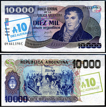 Аргентина 10 аустралей 1985 Мануэль Бельграно Pick 322 d	 бумага UNC (пресс) 7214-14-3-1