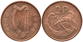 ИРЛАНДИЯ 2 ПЕНСА 1998 ВИНЬЕТКА В ВИДЕ СТИЛИЗОВАННОЙ ПТИЦЫ ИЗ ВТОРОЙ БИБЛИИ КАРЛА II ЛЫСОГО KM 21a сталь плакированная медью aUNC 4390-257