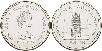 Канада 1 доллар 1977 25 лет вступлению на престол Королевы Елизаветы II KM 118 серебро UNC 1087-6-25