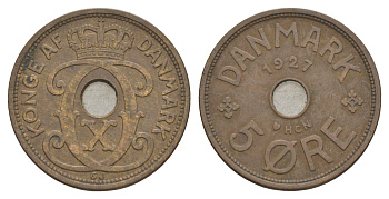 Дания 5 эре 1927 HCN, Кристиан X (1912-1947) KM 828 бронза 4638-553