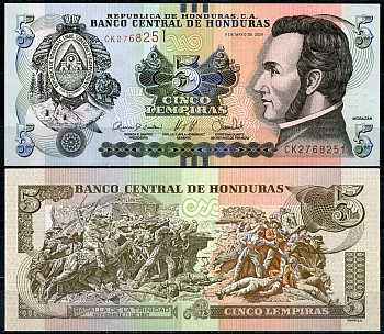 Гондурас 5 лемпира 2024 Франсиско Морасан, сцена битвы за Тринидад Pick 98 f  бумага  UNC (пресс) 448-56-1
