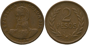 Колумбия 2 песо 1977 KM 263 бронза 4538-115