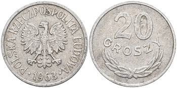 ПОЛЬША 20 ГРОШЕЙ 1963 MW KM А47 алюминий 106-432