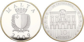 Мальта 10 евро 2009 серия культурное наследие, дворец Кастеллания KM 133 серебро PROOF 00-00