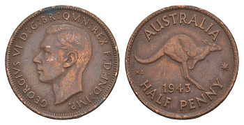 Австралия 1/2 пенни 1943 Георг VI (1936-1952), кенгуру KM 41 бронза 4652-137