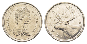 Канада 25 центов 1988 Елизавета II (1952-2022), олень KM 74 никель 4637-833