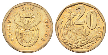 ЮАР 20 центов 2004 герб, цветок протея KM 328 сталь плакированная бронзой UNC 4696-1034